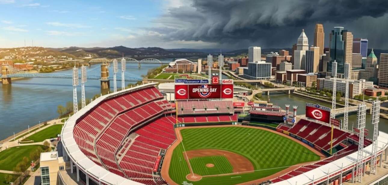Bright spring sunshine illuminates the empty Great American Ball Park in Cincinnati as dark storm clouds gather over the Ohio River.