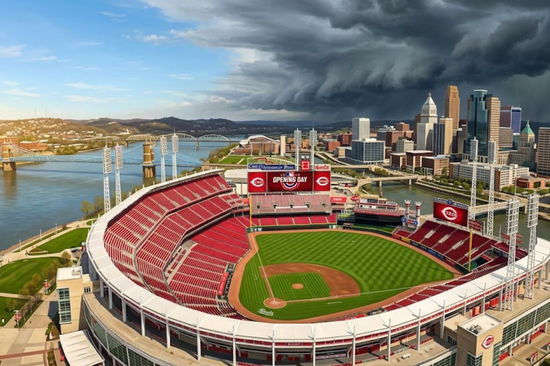 Bright spring sunshine illuminates the empty Great American Ball Park in Cincinnati as dark storm clouds gather over the Ohio River.