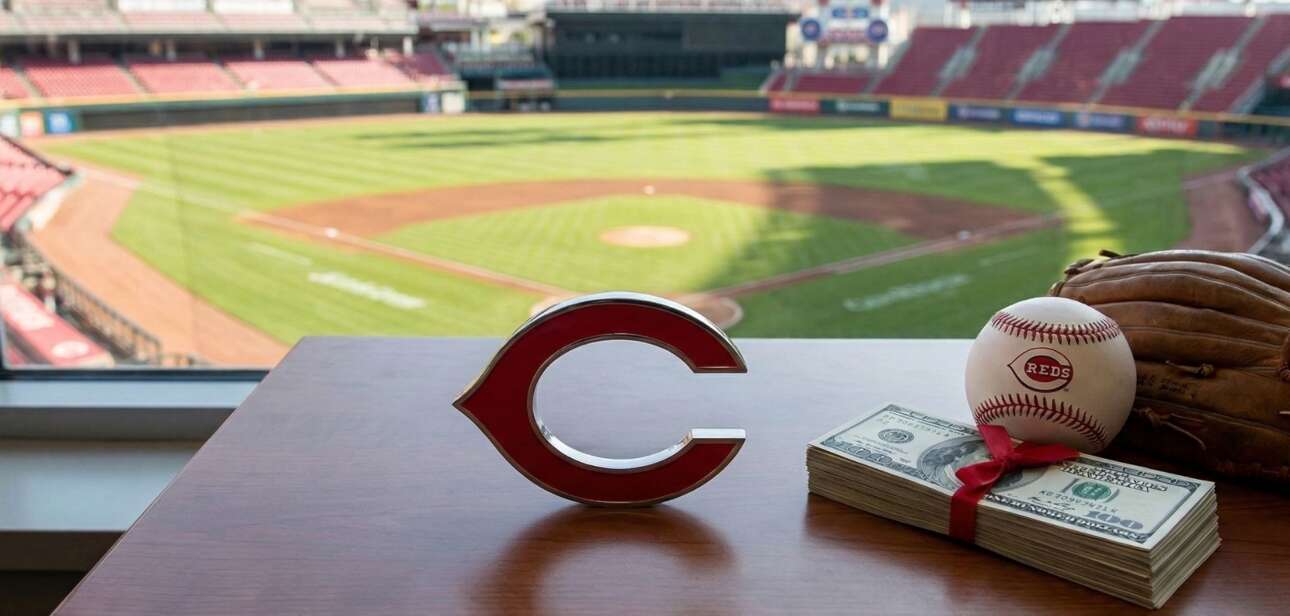 A Cincinnati Reds logo, a stack of money, and a baseball resting on a ledge overlooking the playing field at Great American Ball Park.