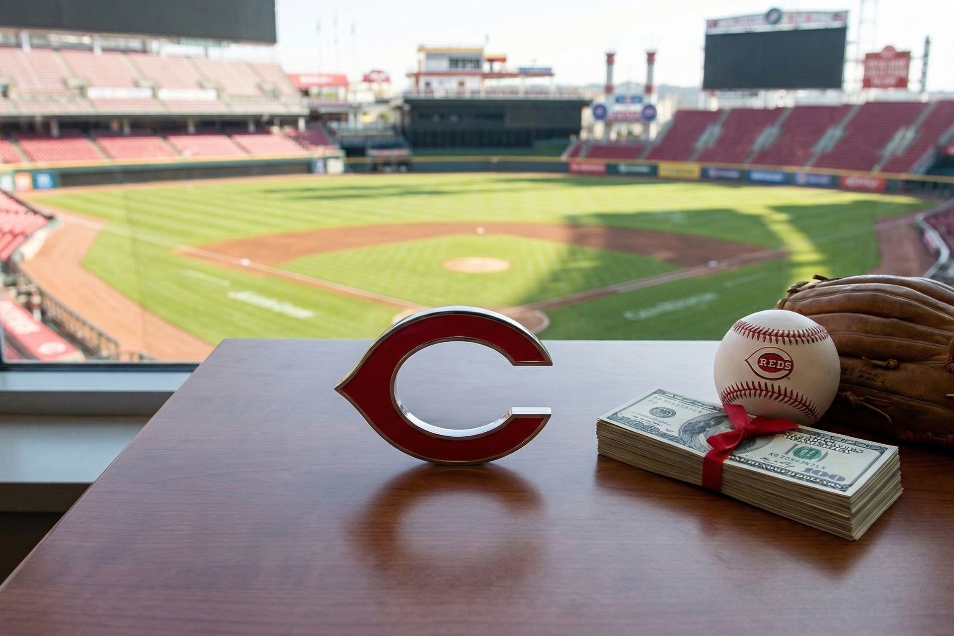 A Cincinnati Reds logo, a stack of money, and a baseball resting on a ledge overlooking the playing field at Great American Ball Park.