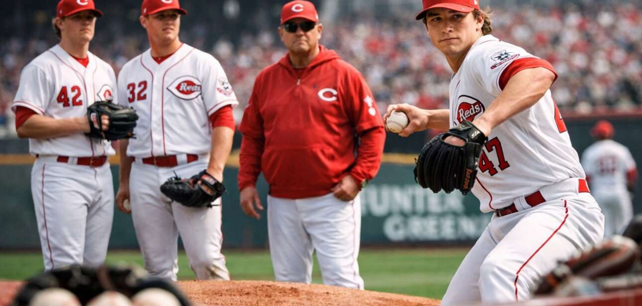 Illustrated graphic of Manager Terry Francona adjusting the Cincinnati Reds pitching rotation, inserting rookie prospect Chase Burns into the starting lineup alongside Andrew Abbott and Brady Singer while managing early-season injuries to stars like Hunter Greene.