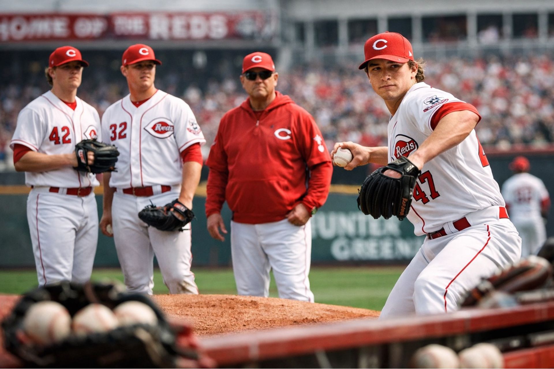 Illustrated graphic of Manager Terry Francona adjusting the Cincinnati Reds pitching rotation, inserting rookie prospect Chase Burns into the starting lineup alongside Andrew Abbott and Brady Singer while managing early-season injuries to stars like Hunter Greene.