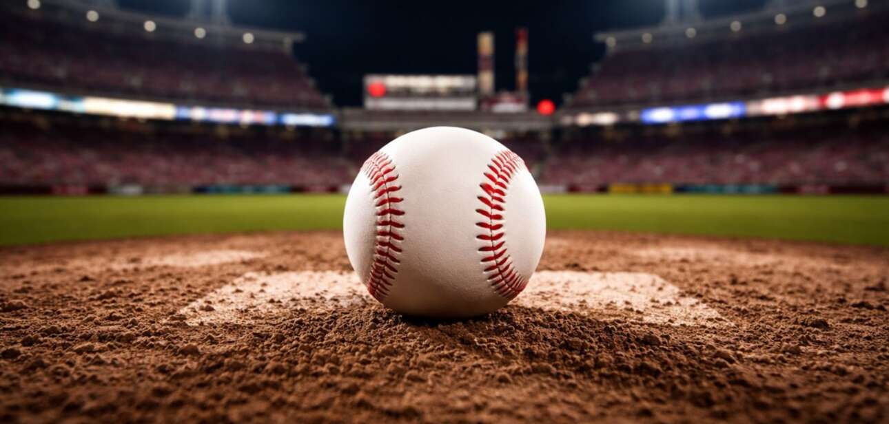 A baseball resting on the infield dirt under stadium lights, symbolizing the Cincinnati Reds' shutout victory against the Pittsburgh Pirates.