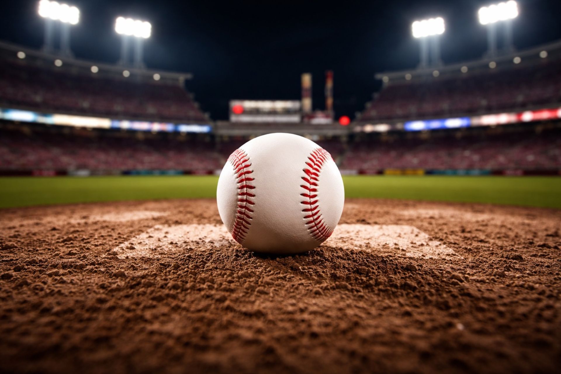 A baseball resting on the infield dirt under stadium lights, symbolizing the Cincinnati Reds' shutout victory against the Pittsburgh Pirates.