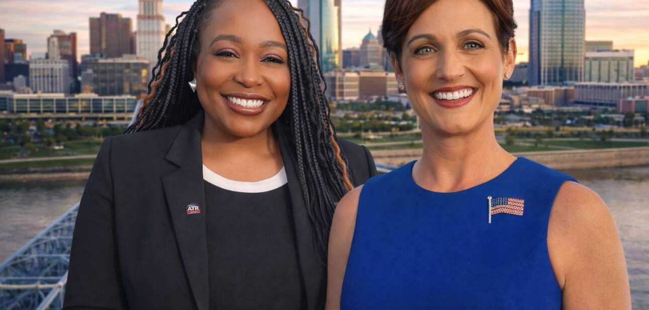 Republican women Ohio candidates Holly Adams and Rosemary Oglesby-Henry in front of the Cincinnati skyline