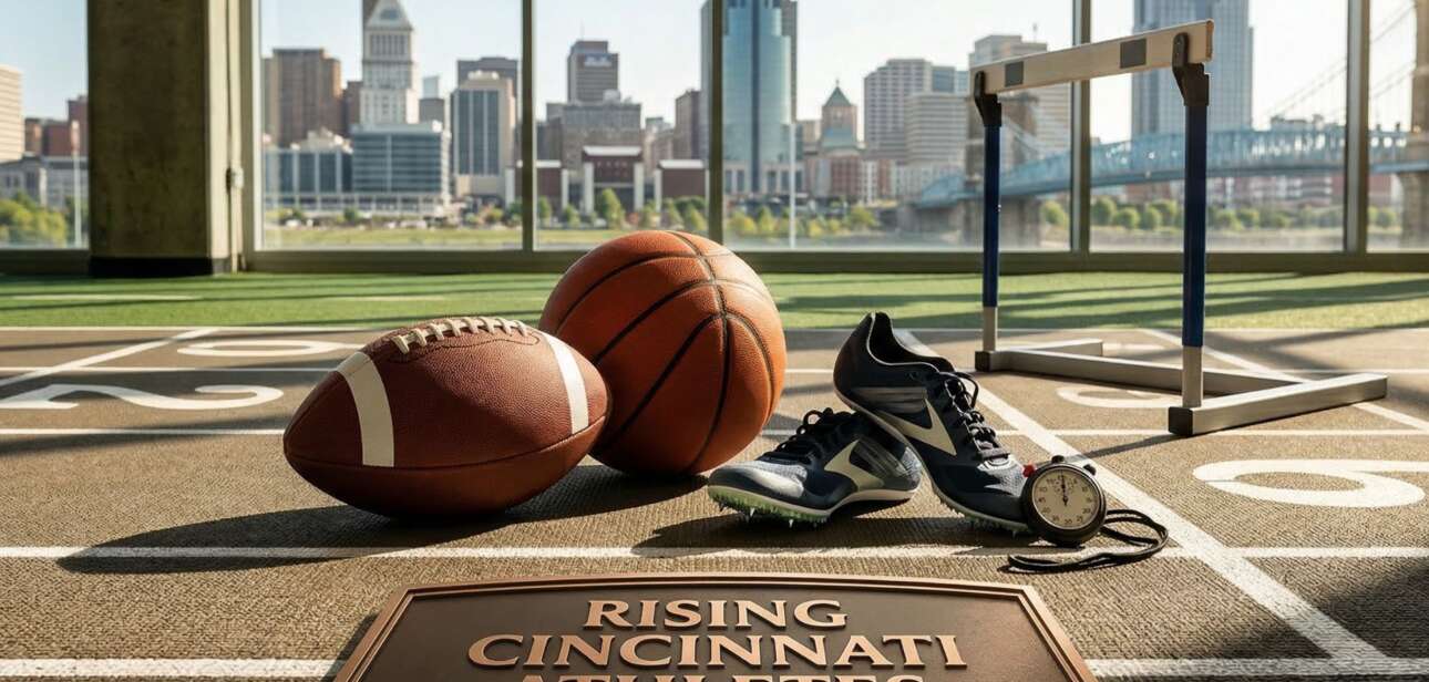A football, basketball, and track spikes resting on an indoor athletic field with the Cincinnati skyline visible through large windows in the background.