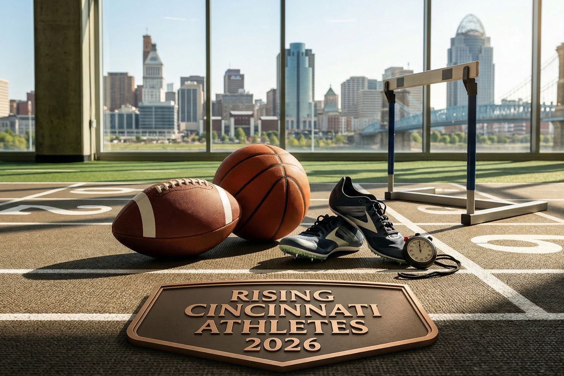 A football, basketball, and track spikes resting on an indoor athletic field with the Cincinnati skyline visible through large windows in the background.