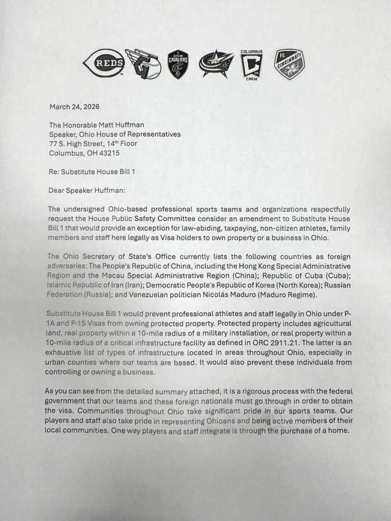 Letter from Ohio sports teams requesting exemption from China land ownership restrictions under House Bill 1