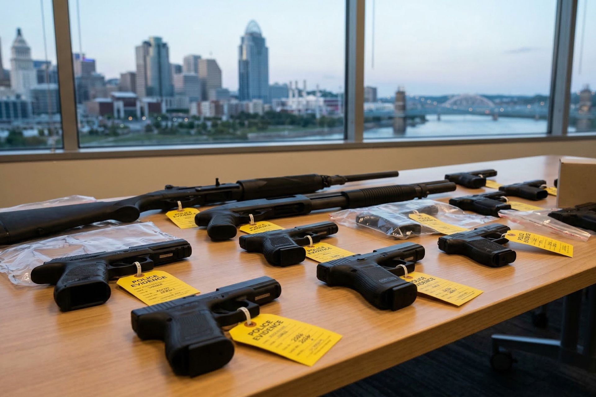 Confiscated handguns and rifles with yellow evidence tags sit on a table in front of a window showing the Cincinnati skyline.