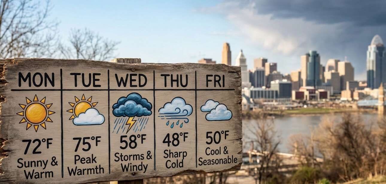 A wooden signpost displaying a five-day weather forecast for Cincinnati against the city skyline, showing temperatures peaking at 75°F on Tuesday before storms drop the temperature to 48°F on Thursday.