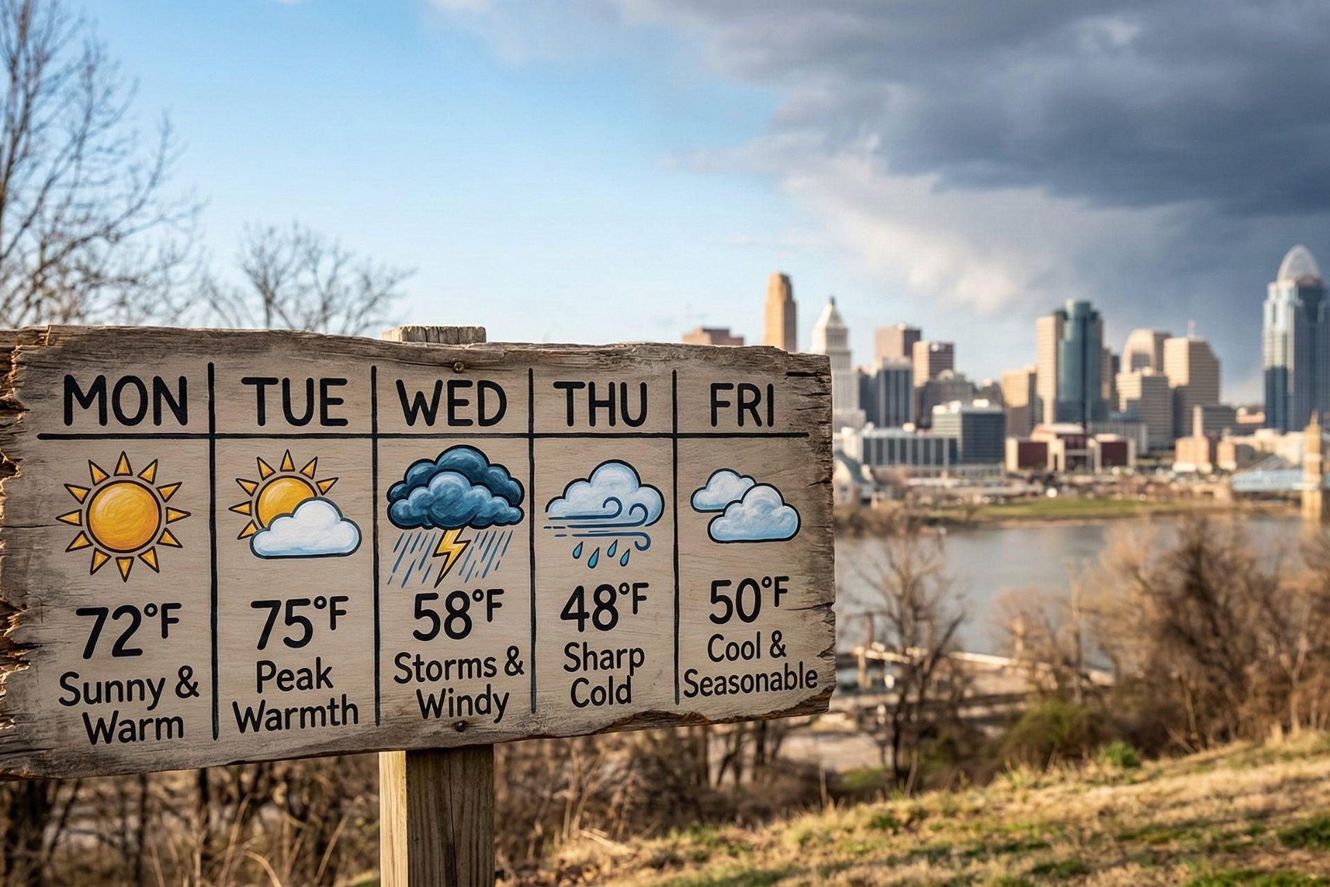 A wooden signpost displaying a five-day weather forecast for Cincinnati against the city skyline, showing temperatures peaking at 75°F on Tuesday before storms drop the temperature to 48°F on Thursday.