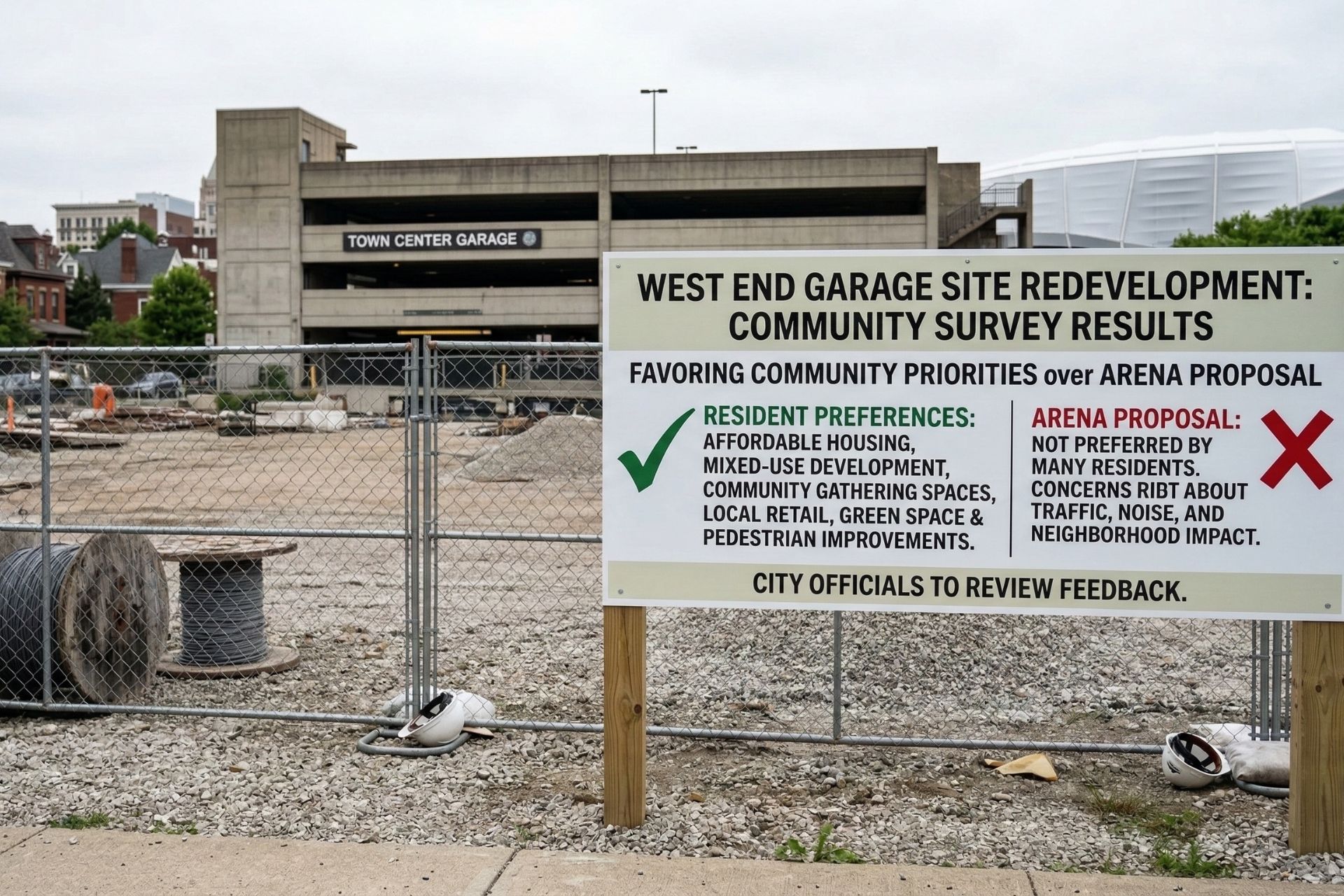 A public notice sign on a construction fence at the West End Garage site summarizes community survey results, showing residents favor affordable housing and mixed-use development over an arena proposal.