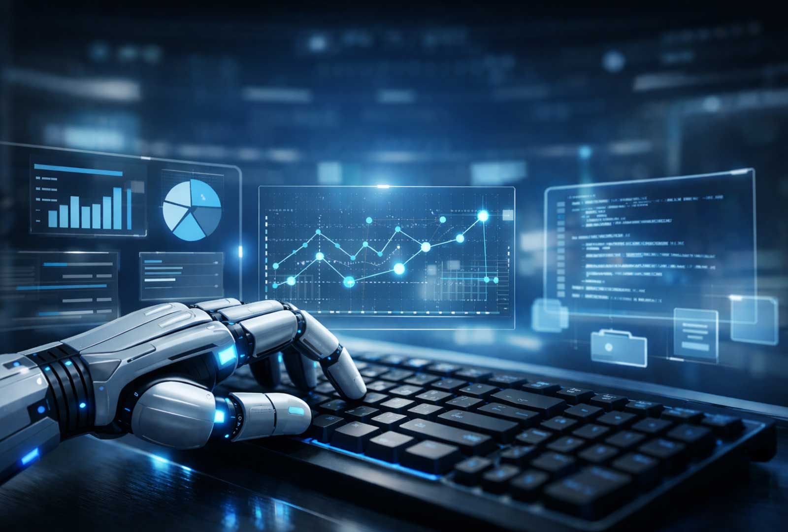 AI automation in business illustrated by a robotic hand executing tasks on a computer with data dashboards