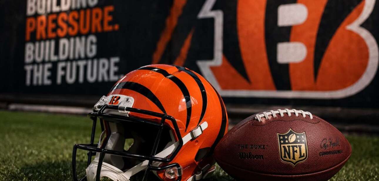 Cincinnati Bengals helmet and NFL football on turf with "Building Pressure, Building the Future" branding in the background.