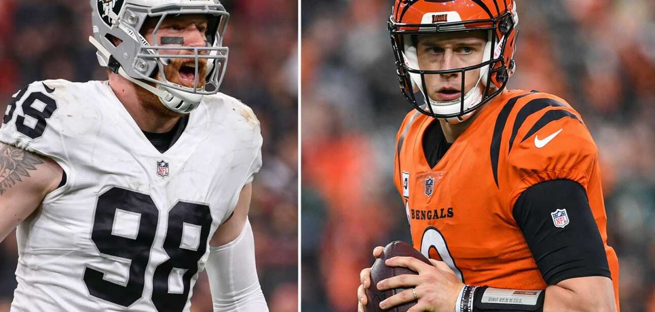 Maxx Crosby and Joe Burrow facing off in split image representing Bengals trade 10th pick debate and defensive vs offensive priorities