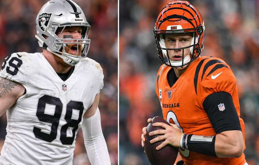 Maxx Crosby and Joe Burrow facing off in split image representing Bengals trade 10th pick debate and defensive vs offensive priorities
