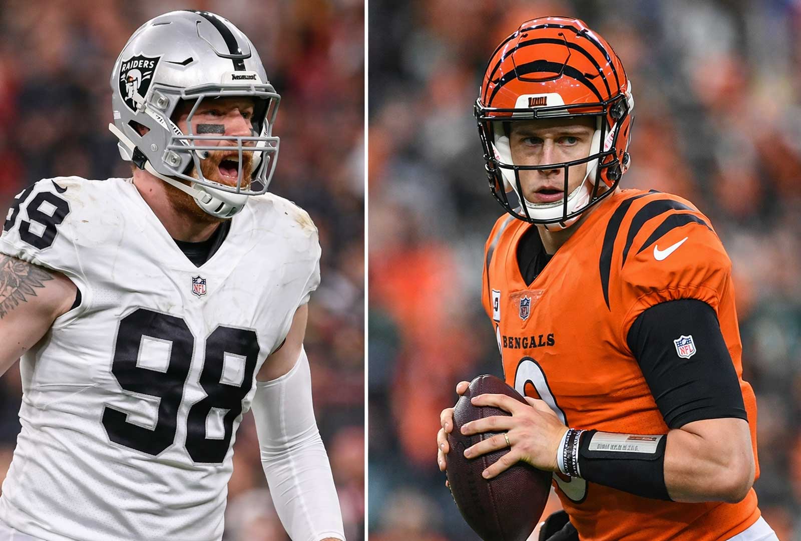 Maxx Crosby and Joe Burrow facing off in split image representing Bengals trade 10th pick debate and defensive vs offensive priorities