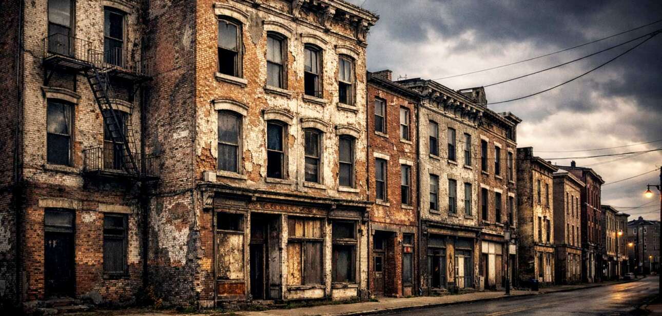 Cincinnati crime concerns reflected in a dilapidated Italianate building in Over-the-Rhine