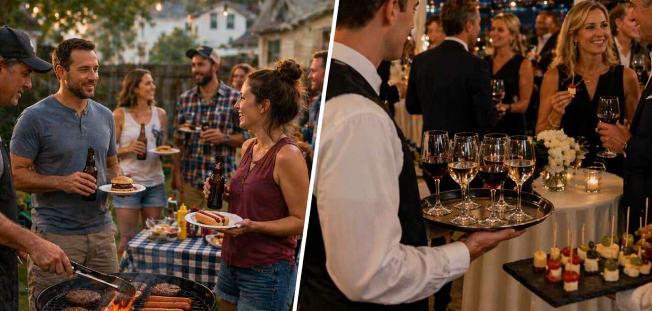 Cincinnati East Side vs West Side, Backyard barbecue with burgers and beer contrasted with a formal wine and cheese party