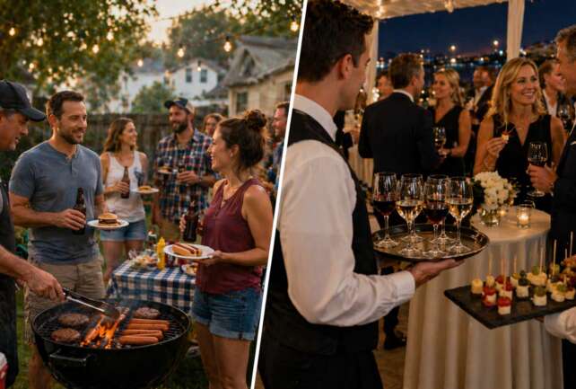 Cincinnati East Side vs West Side, Backyard barbecue with burgers and beer contrasted with a formal wine and cheese party