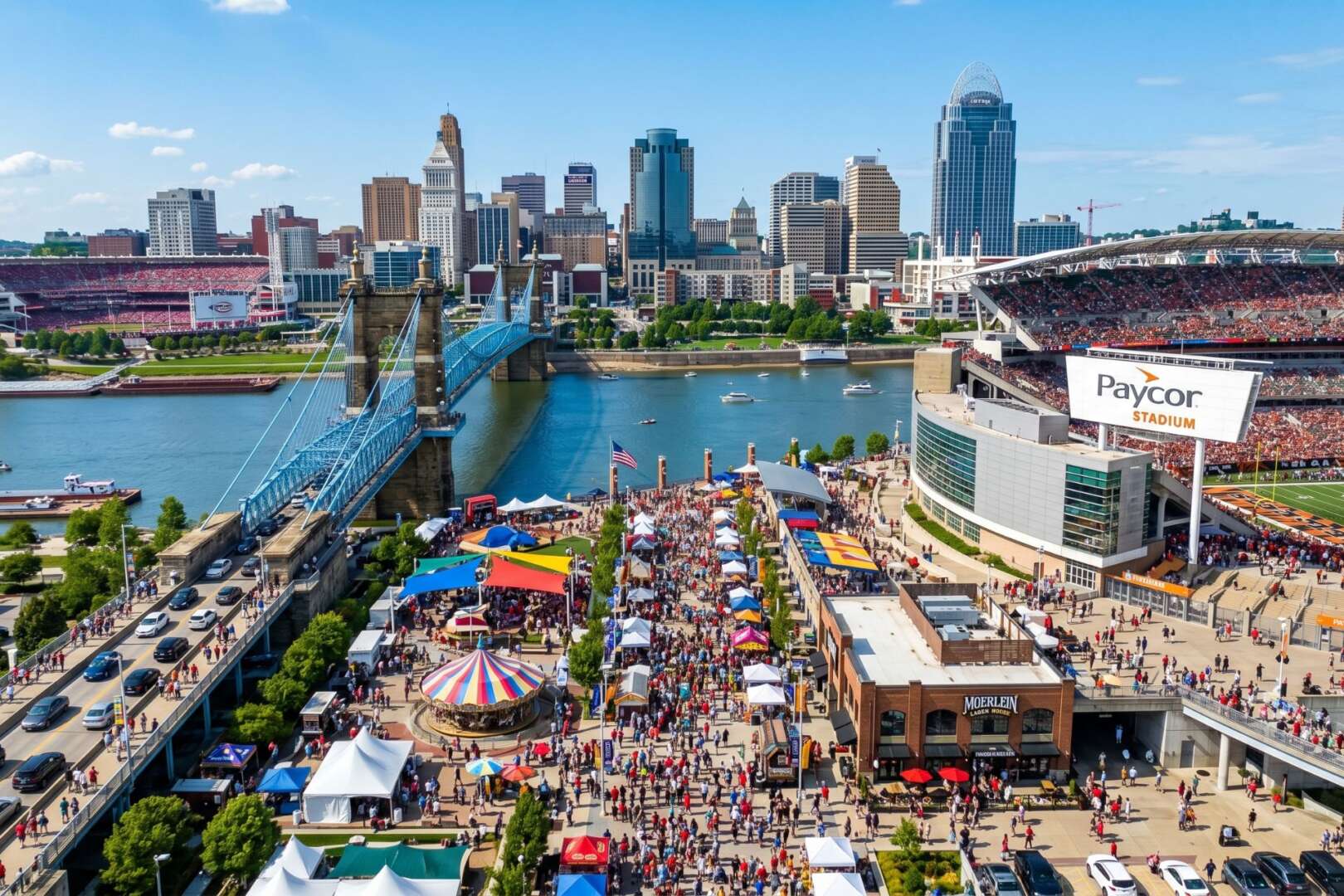 Aerial view of a crowded outdoor festival along the Cincinnati riverfront near the Roebling Suspension Bridge and Paycor Stadium, illustrating local events driving economic and tourism growth.