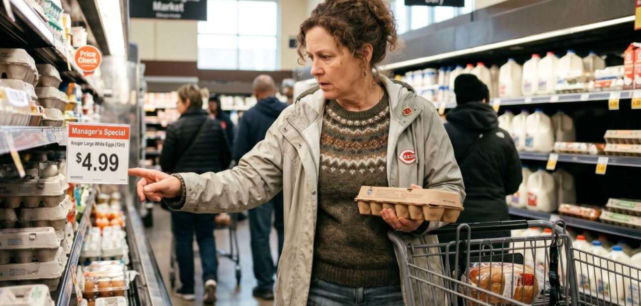 A woman checking a product in a supermarket aisle, highlighting Cincinnati grocery prices in 2026.