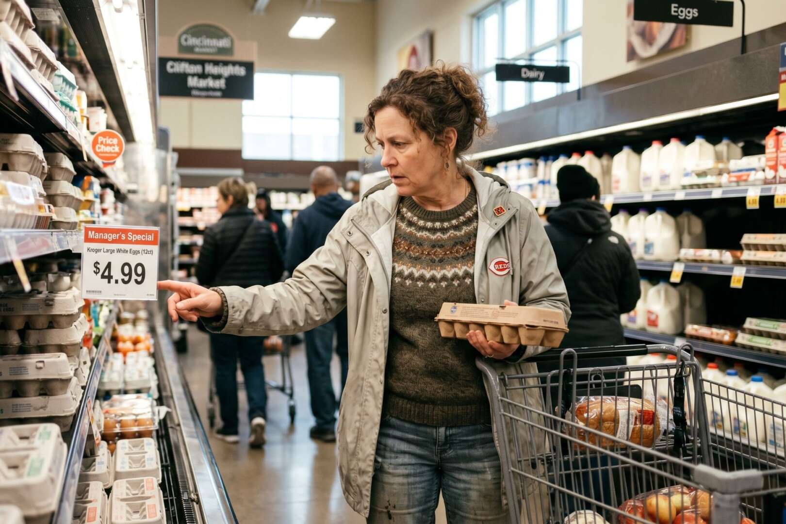 A woman checking a product in a supermarket aisle, highlighting Cincinnati grocery prices in 2026.