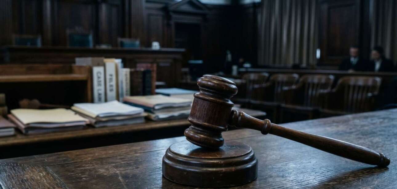 A wooden judicial gavel resting on a sound block in a Cincinnati courtroom, symbolizing a guilty plea in a murder case involving an argument over an NFL game.