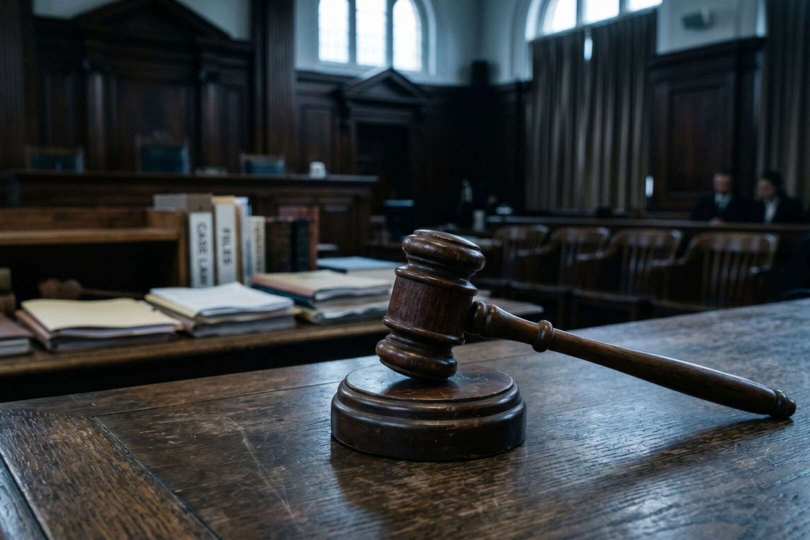 A wooden judicial gavel resting on a sound block in a Cincinnati courtroom, symbolizing a guilty plea in a murder case involving an argument over an NFL game.