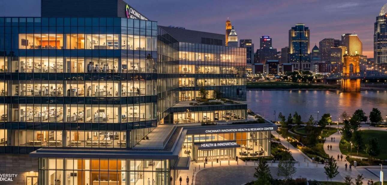State-of-the-art glass healthcare and research facility in Cincinnati with the city skyline at dusk.