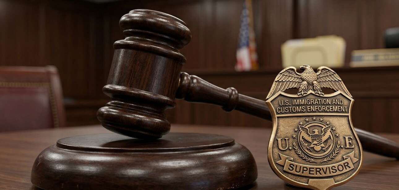 Wooden legal gavel and a bronze Cincinnati ICE supervisor badge on a courtroom desk.