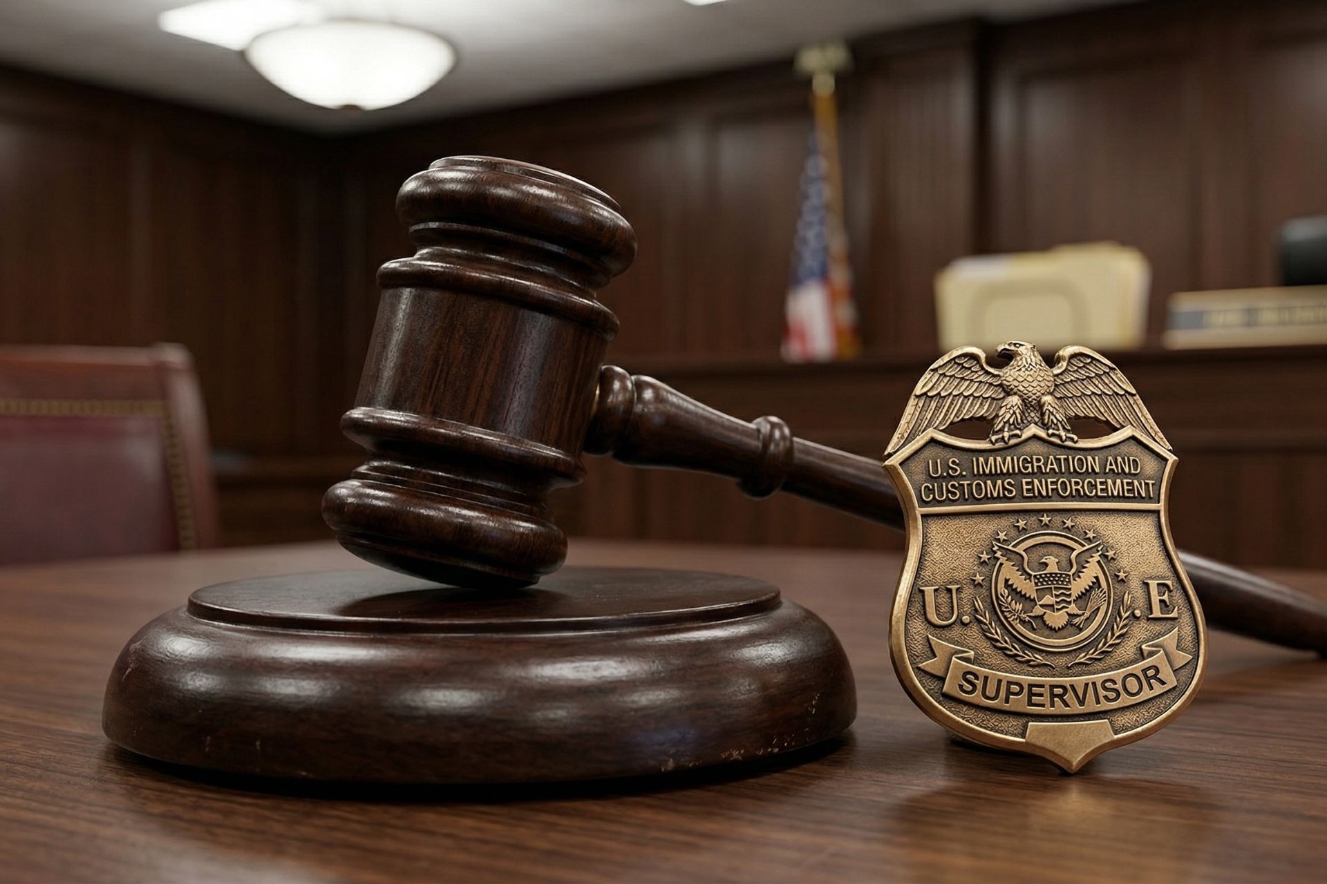Wooden legal gavel and a bronze Cincinnati ICE supervisor badge on a courtroom desk.