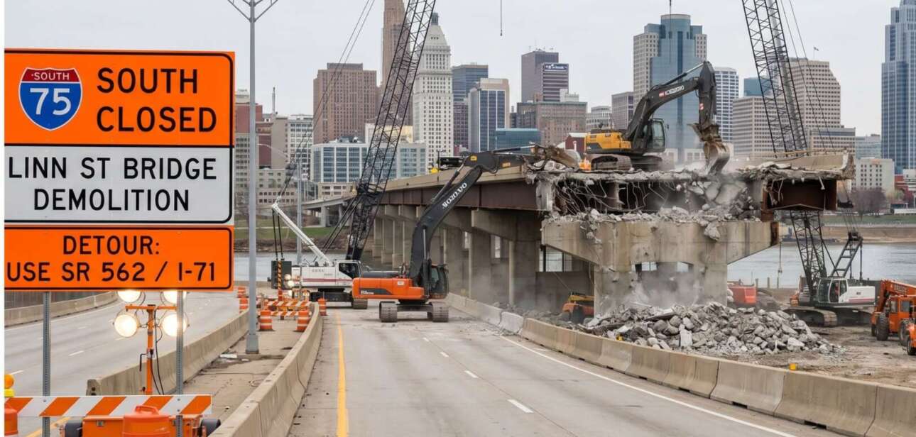 I-75 South interstate closure in Cincinnati for the Linn Street Bridge demolition, showing heavy construction equipment and detour signage.