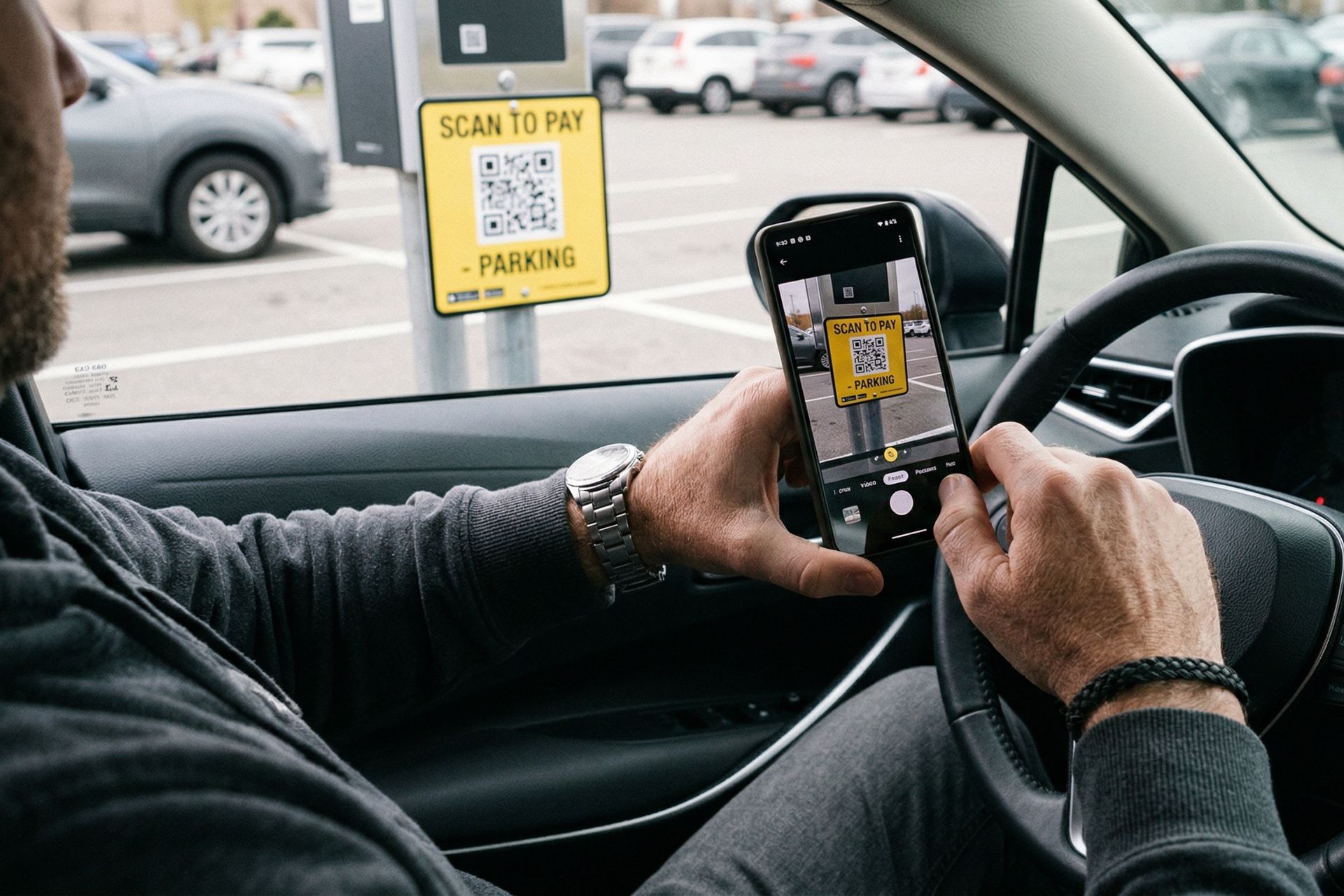 Driver scanning a QR code on a "Scan to Pay" parking sign in Cincinnati to make a digital mobile payment.