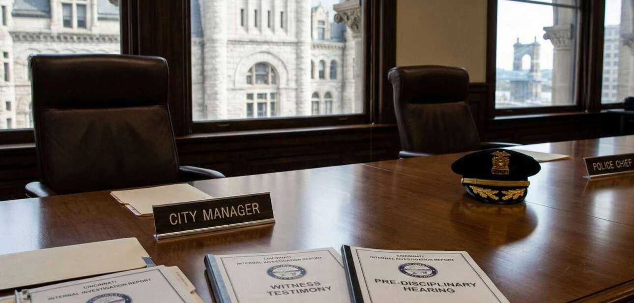 lt Text: Close-up view of an empty hearing room table with official documentation and a city manager nameplate. Labeled documents are: "Internal Investigation Report," "Witness Testimony," and "Pre-disciplinary Hearing." A Cincinnati police chief cap is also present. Arched windows in the background reveal the Cincinnati City Hall building and the Roebling Bridge, suggesting a location at a city-level hearing.
