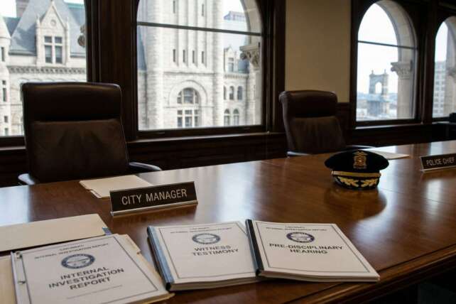 lt Text: Close-up view of an empty hearing room table with official documentation and a city manager nameplate. Labeled documents are: "Internal Investigation Report," "Witness Testimony," and "Pre-disciplinary Hearing." A Cincinnati police chief cap is also present. Arched windows in the background reveal the Cincinnati City Hall building and the Roebling Bridge, suggesting a location at a city-level hearing.