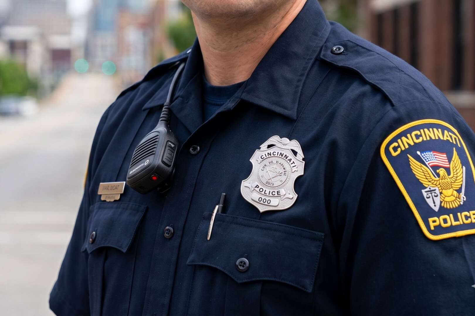 Cincinnati Police Department officer in uniform during the investigation and dismissal of the police chief.
