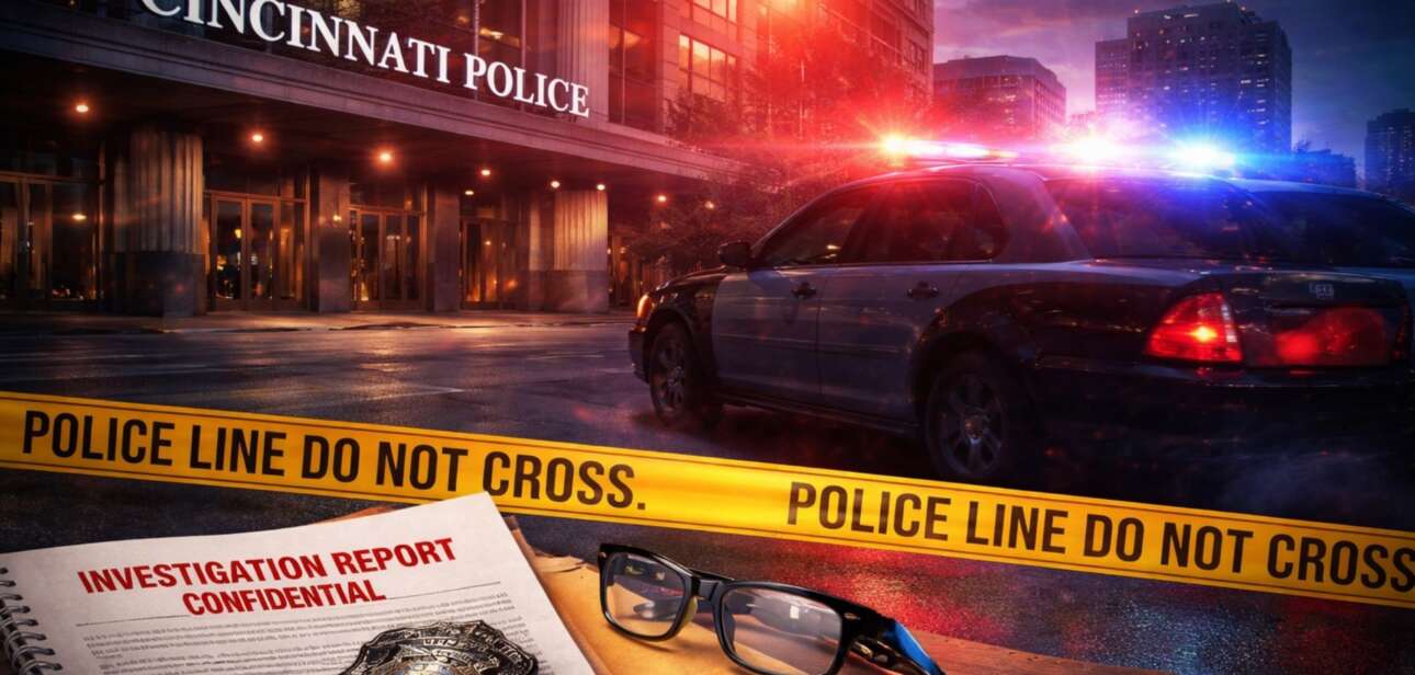 Confidential investigation report on a desk with a Cincinnati Police badge and a police cruiser behind crime scene tape.