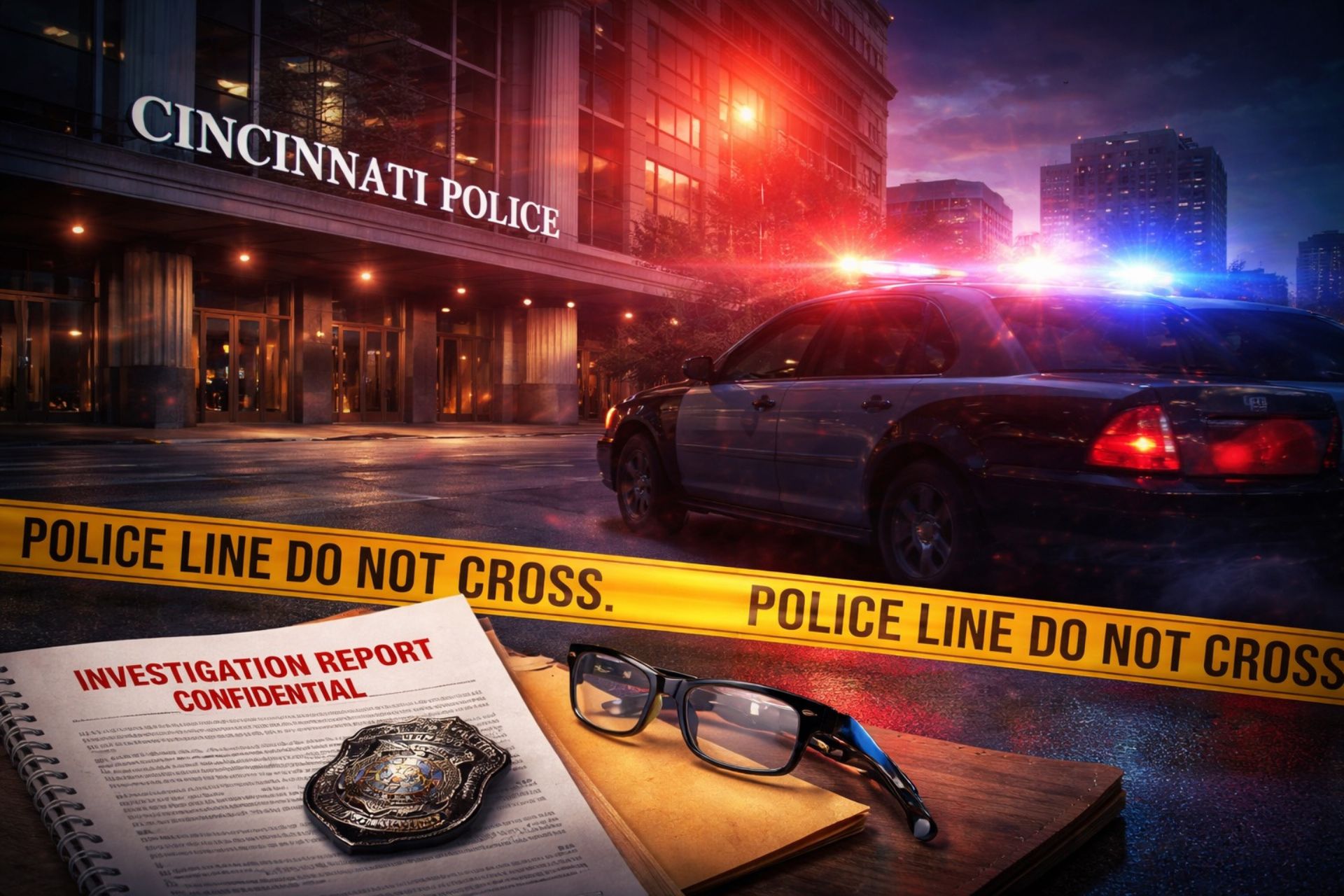 Confidential investigation report on a desk with a Cincinnati Police badge and a police cruiser behind crime scene tape.