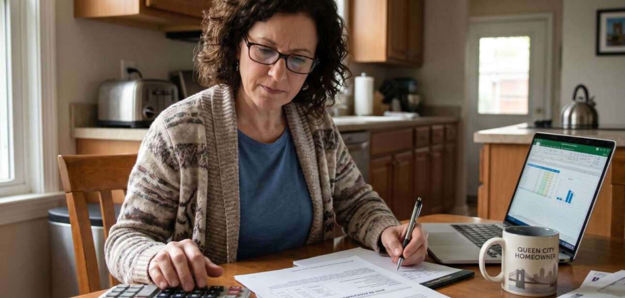 A woman sitting at a kitchen table reviewing financial documents and property tax paperwork with a calculator and laptop in Cincinnati.