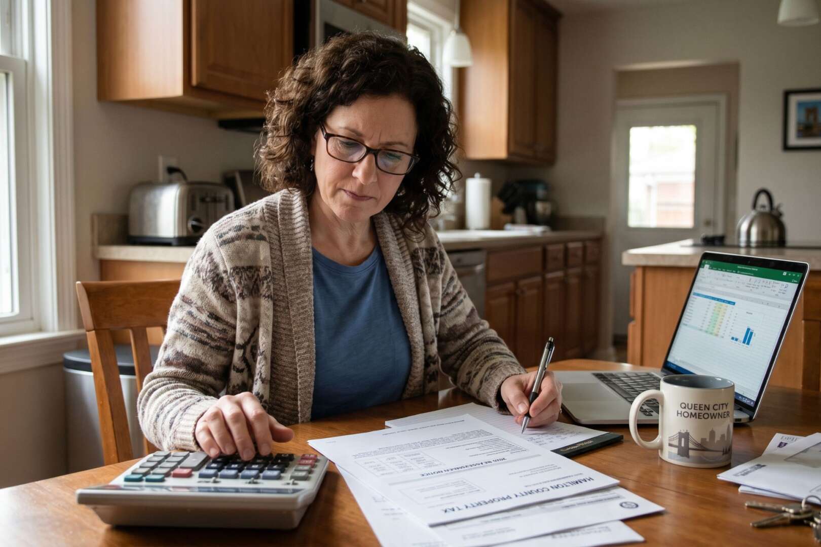A woman sitting at a kitchen table reviewing financial documents and property tax paperwork with a calculator and laptop in Cincinnati.