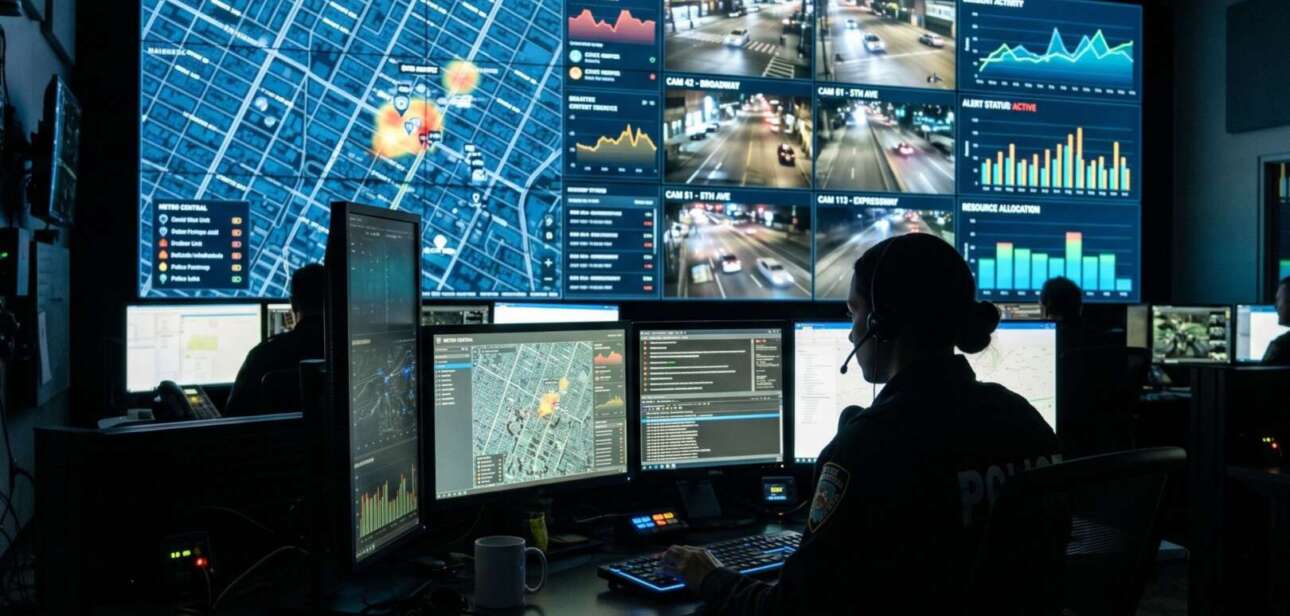 A public safety operator monitors a high-tech video wall displaying real-time maps and data analytics in a Cincinnati command center.