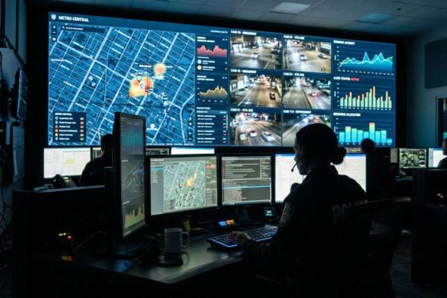 A public safety operator monitors a high-tech video wall displaying real-time maps and data analytics in a Cincinnati command center.