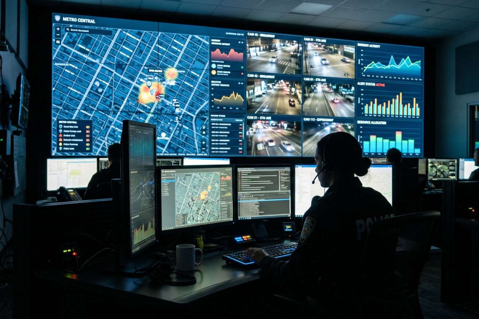 A public safety operator monitors a high-tech video wall displaying real-time maps and data analytics in a Cincinnati command center.
