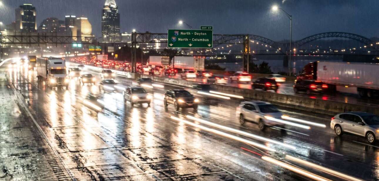 Cincinnati rain slicked highway at night with heavy traffic, glowing headlights, and the city skyline in the background.