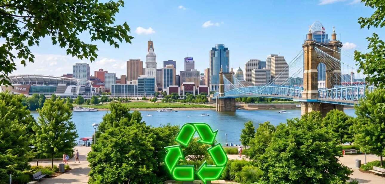 View of the Cincinnati skyline and Roebling Bridge with a green recycling symbol overlay.