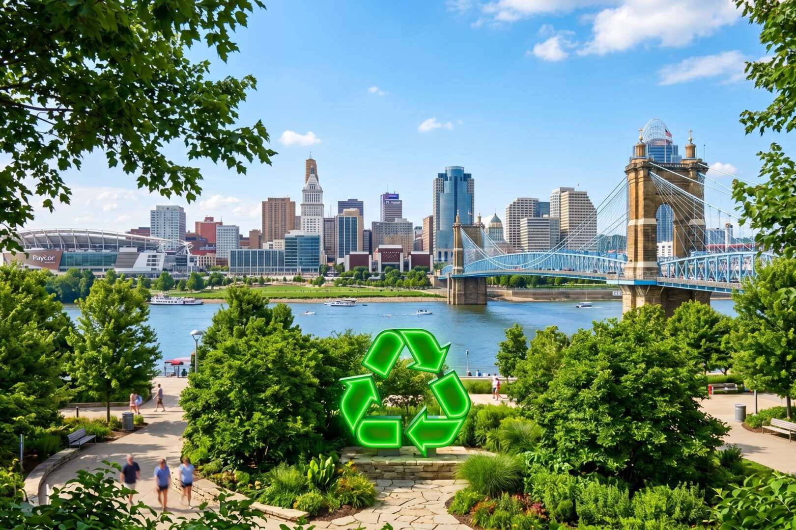 View of the Cincinnati skyline and Roebling Bridge with a green recycling symbol overlay.