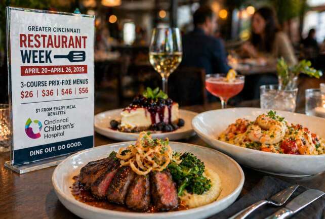 Plated steak, pasta, and dessert with cocktails on a restaurant table during a busy dinner service
