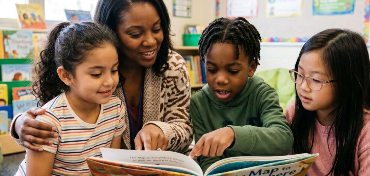 A diverse group of elementary students reading a book with their teacher in a classroom, illustrating the 2026 Cincinnati school rankings.