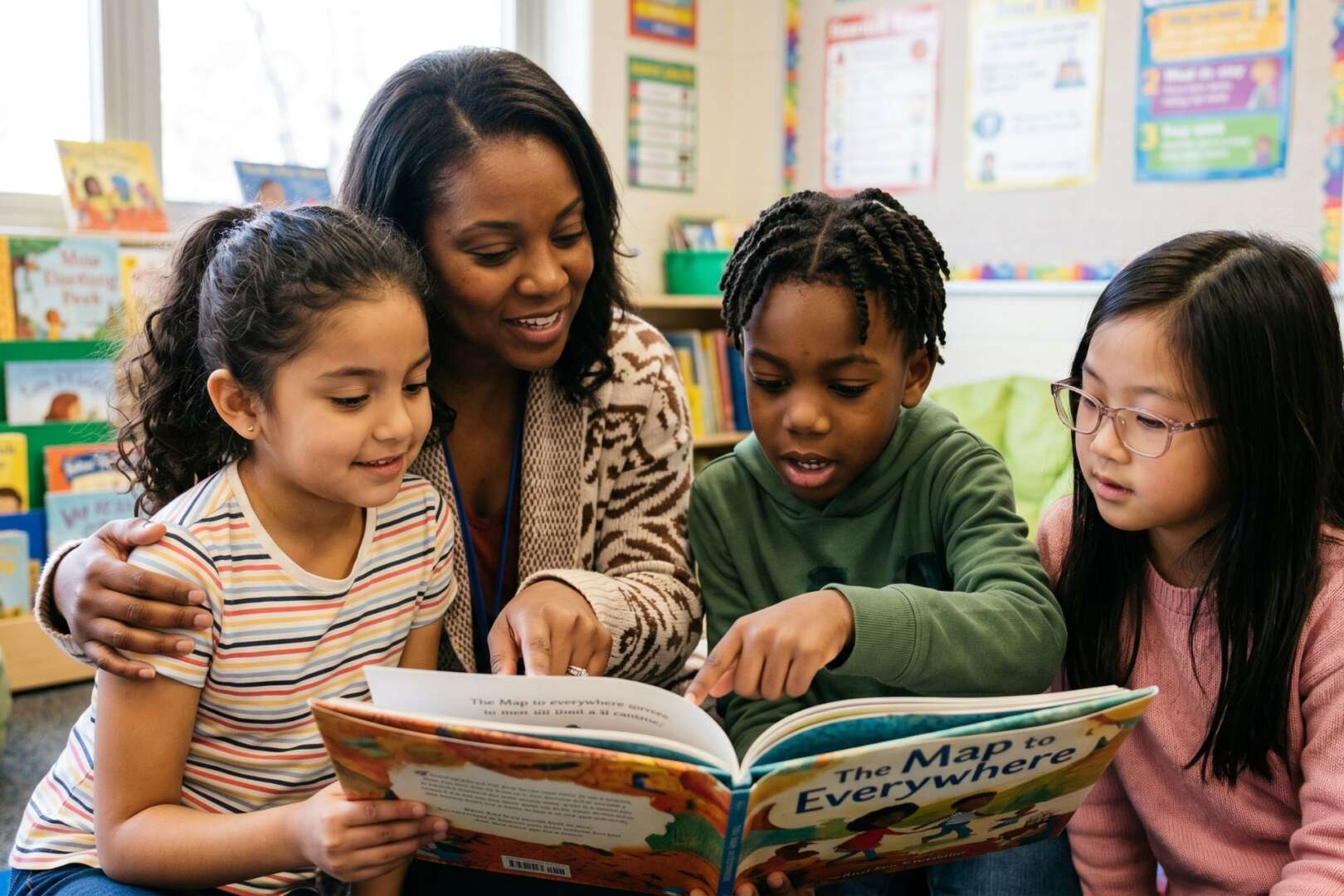 A diverse group of elementary students reading a book with their teacher in a classroom, illustrating the 2026 Cincinnati school rankings.